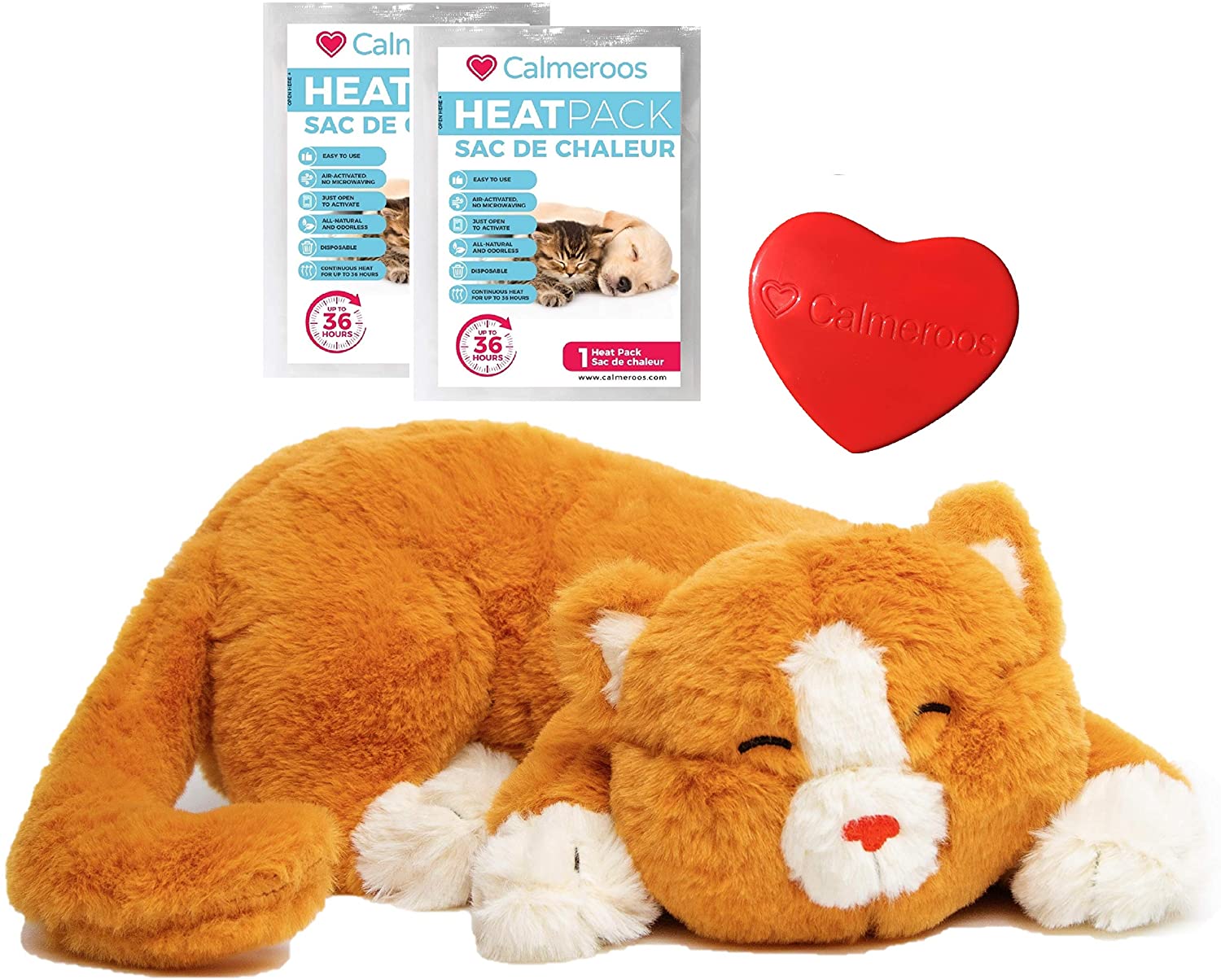Calmeroos Kitty Heartbeat Toy Sleep Aid with 2 Long-Lasting Heat Packs